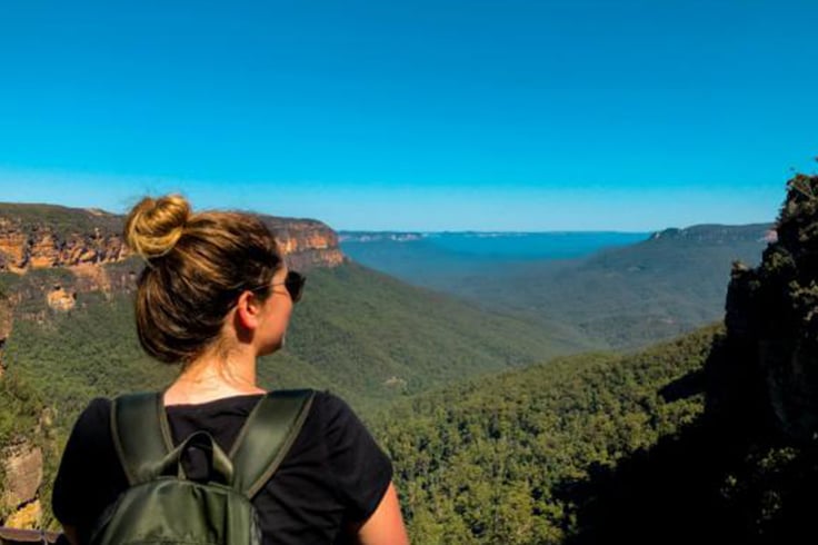 Girl looking out to scenic view of Blue Mountains, Sydney